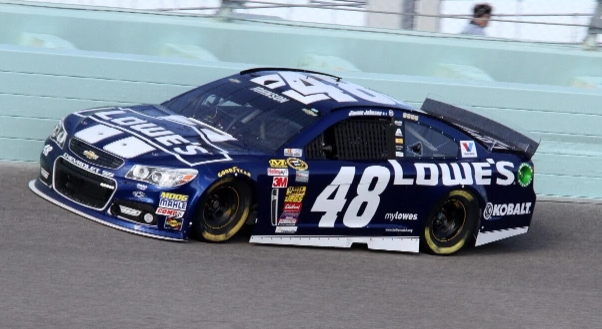 Jimmie Johnson, driver of the No.48 Lowe’s Chevy, during practice for the NASCAR Cup Series Ford EcoBoost 400
