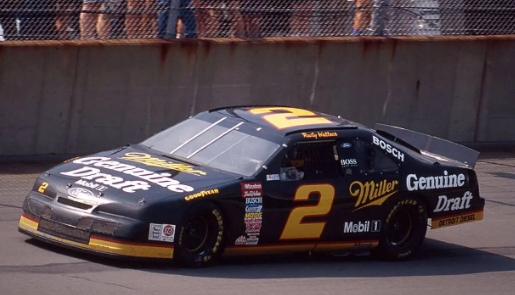 Rusty Wallace at the wheel of Roger Penske’s Miller Genuine Draft Ford Thunderbird on his way to winning
